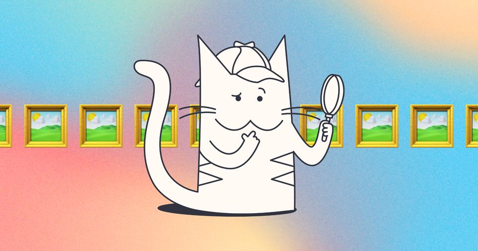 Drawing of a Cat holding a magnifying glass with framed portrait emoji in the background on a color gradient background.