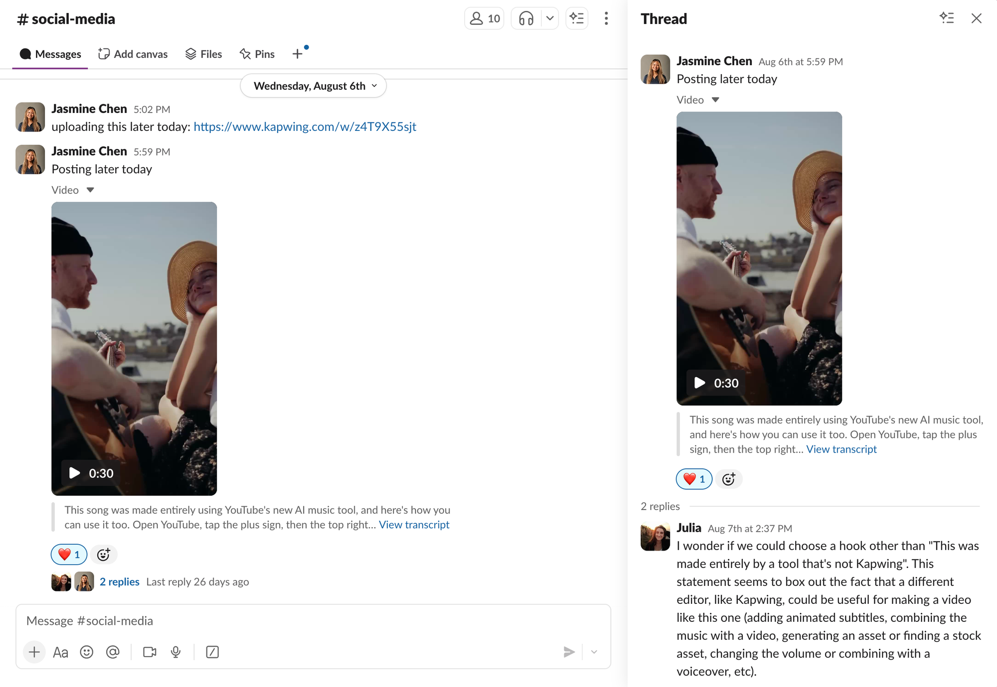 A screenshot showing a public Slack channel where a social media video was shared and met with feedback