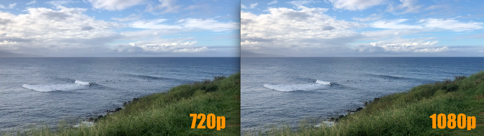 Two screenshots, side by side, showing a comparison of what 720p resolution looks like on the left and 1080p resolution looks like on the right. The images are mostly the same with some greater color vibrancy and crisp detailing on the right image.