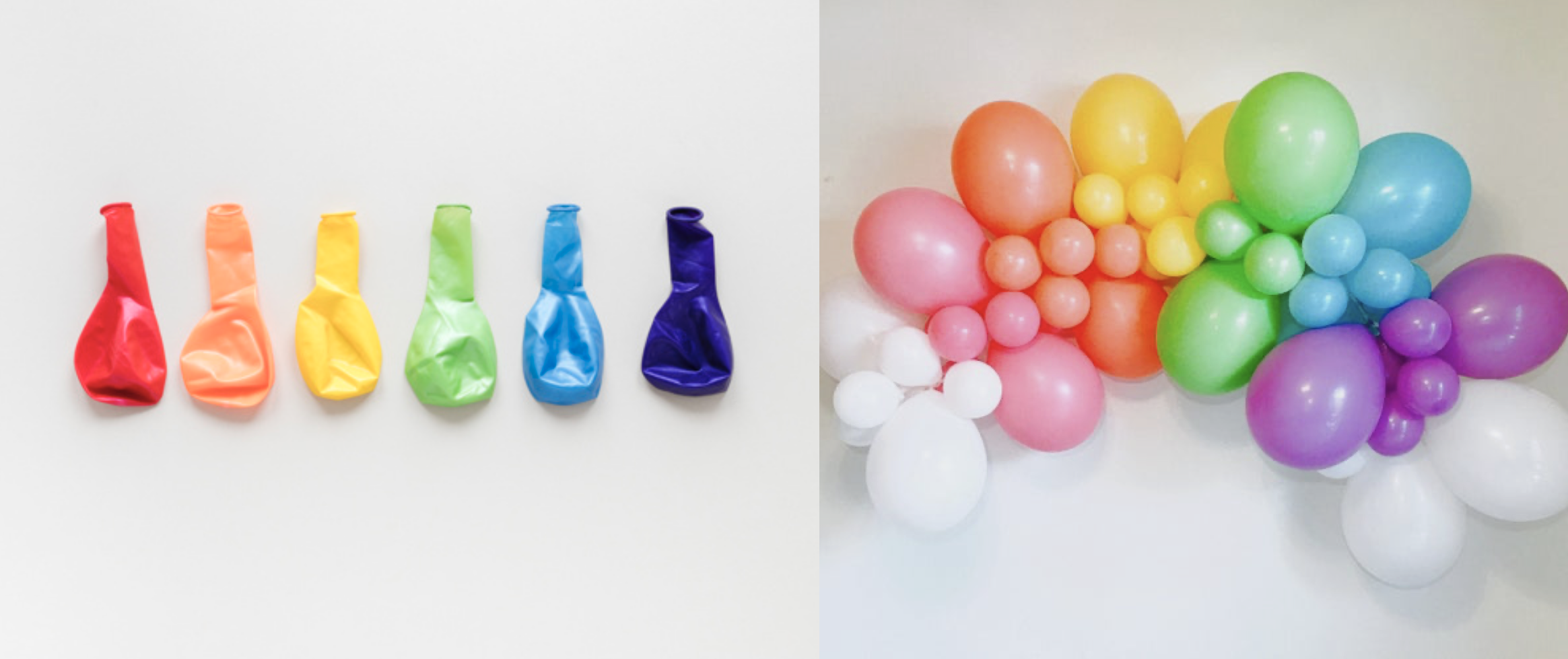 On the left side, an image of six deflated balloons in the colors of a rainbow, from red on the left to indigo on the right. The right side image shows an arch of rainbow balloons blown up. They are less vibrant than the deflated balloons.