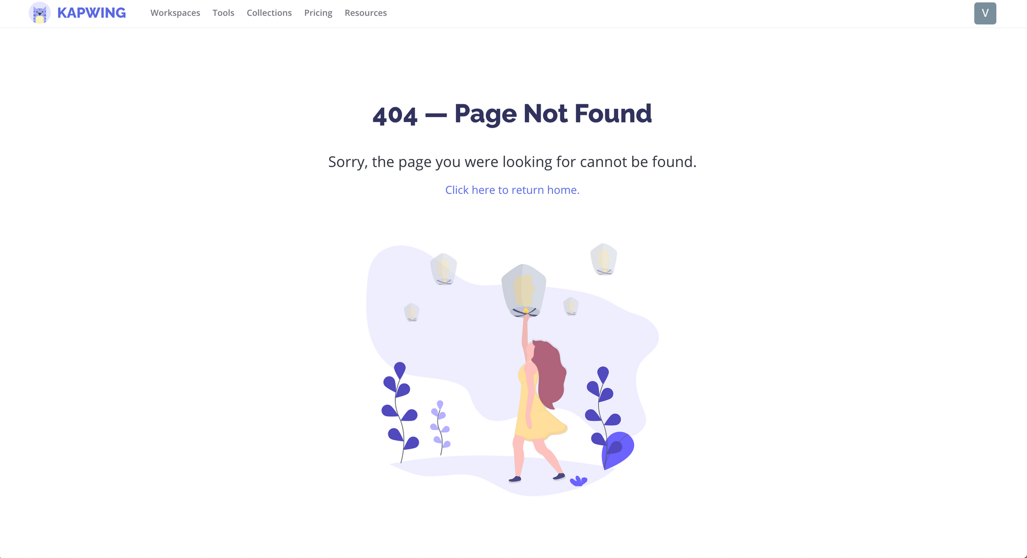 A screenshot of a 404 error page not found page with additional text, a link to return home, and a graphic of a girl lifting a lantern into a lavender clouded sky