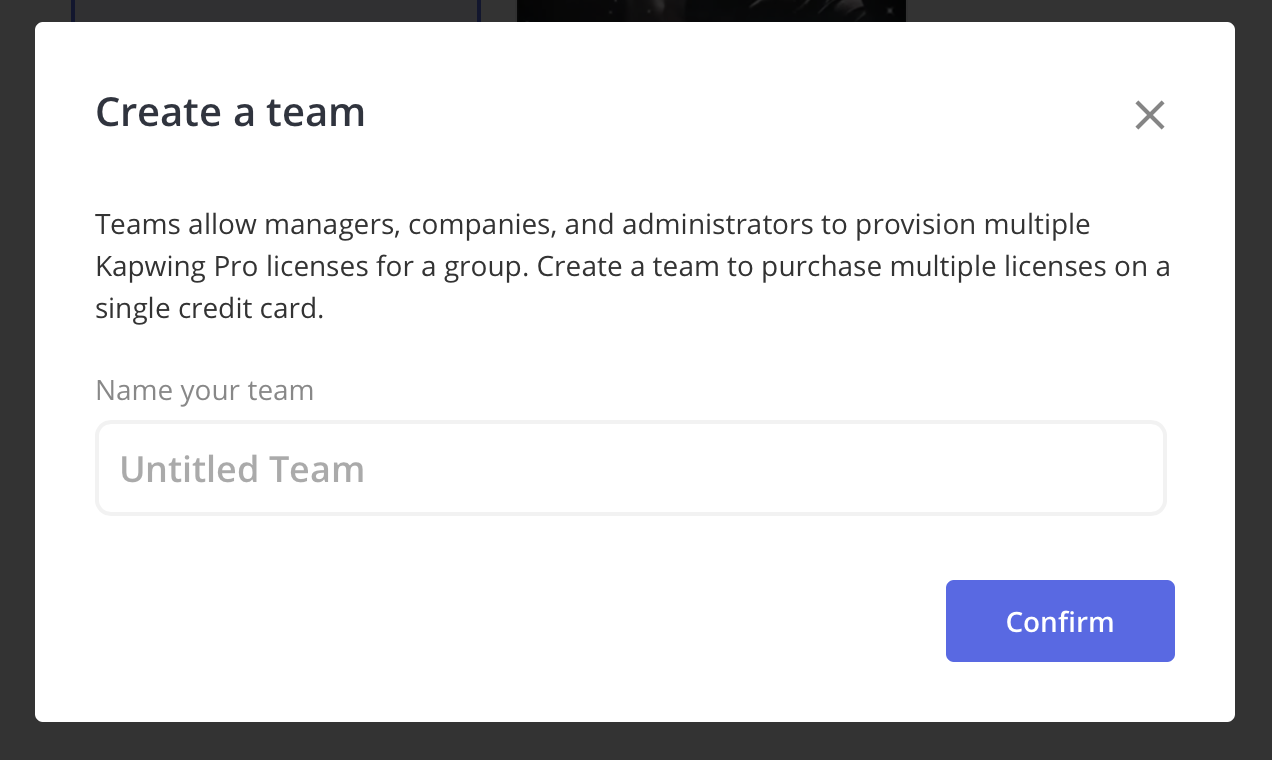 Create a team modal appears 