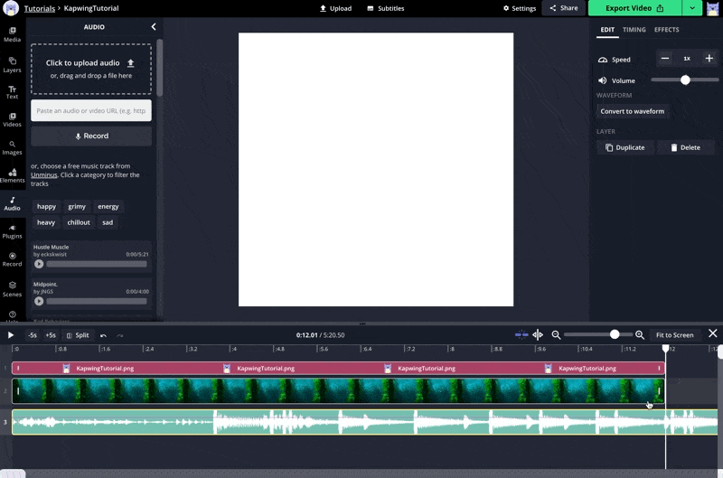 Splitting the audio clip and deleting the end so that it is in line with the image and video tracks.
