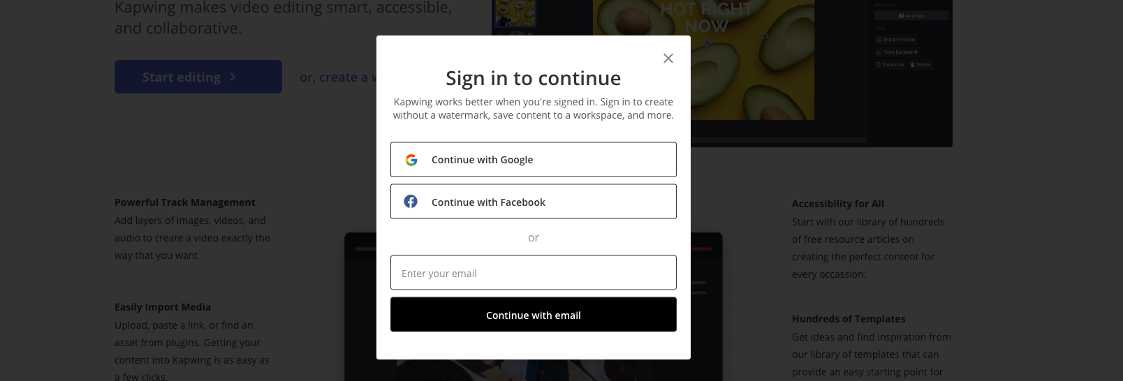 A sign in modal on the Kapwing landing page that offers users three ways to sign in, using Google, Facebook or their email address.