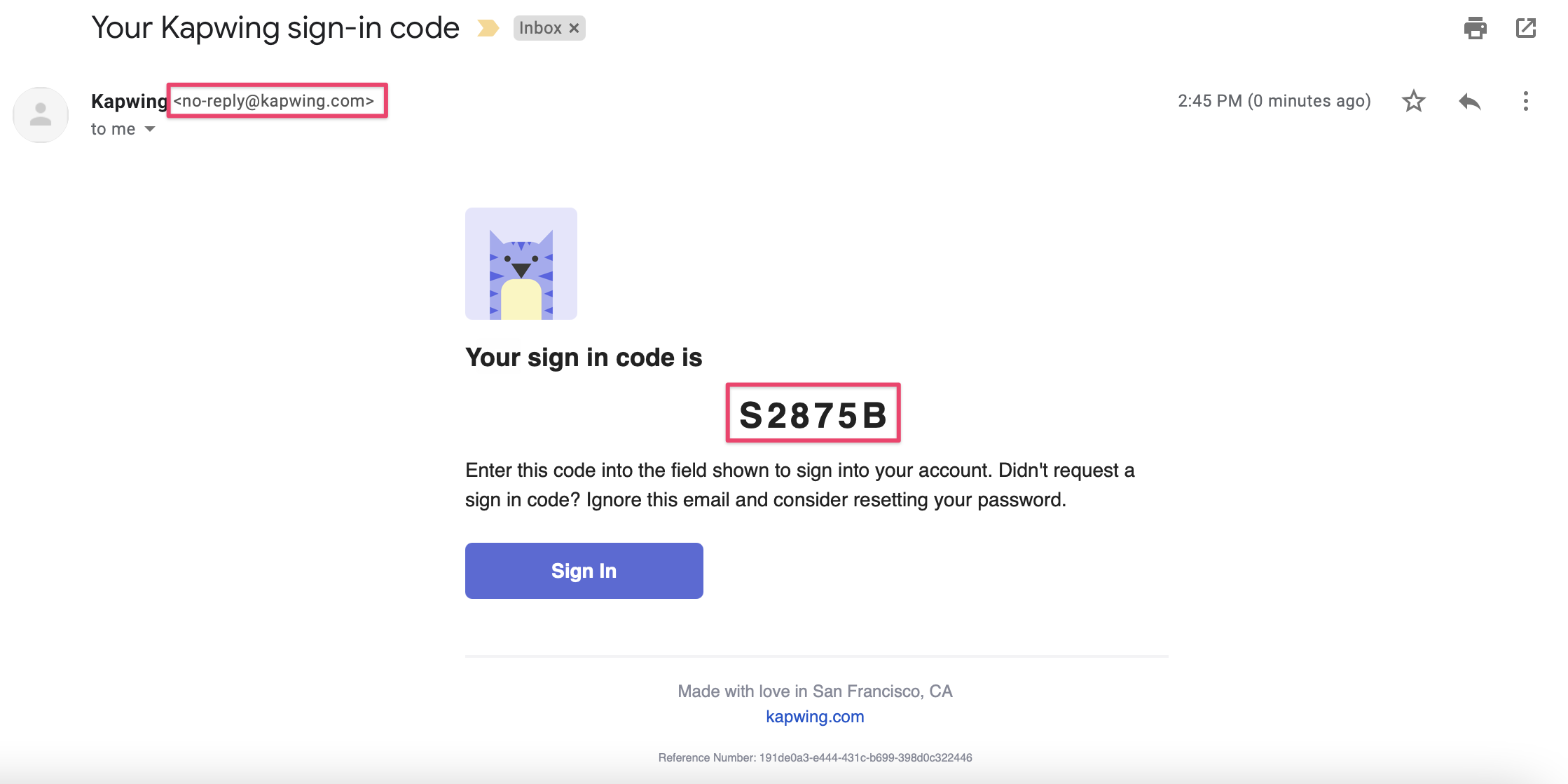 An email from no-reply@kapwing.com that shows the use a one time use sign-in code