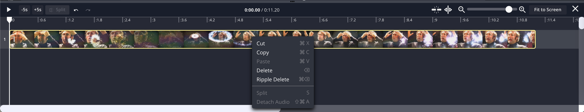 A screenshot of the Timeline dropdown menu open, which shows the options to Cut, Copy, Paste, Delete, Ripple Delete, Split or Detach Audio.
