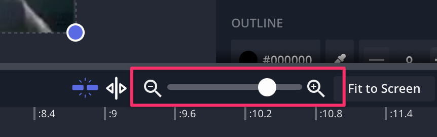 A screenshot of the Timeline that shows the plus and minus magnifying glass symbols on a slider that indicates the ability to Zoom in and out.