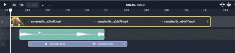 A GIF recording of a user moving an asset on the Timeline, with Snap To turned off. The asset does not automatically align to the start or end time of other clips, so the timing of different assets can be staggered easily.