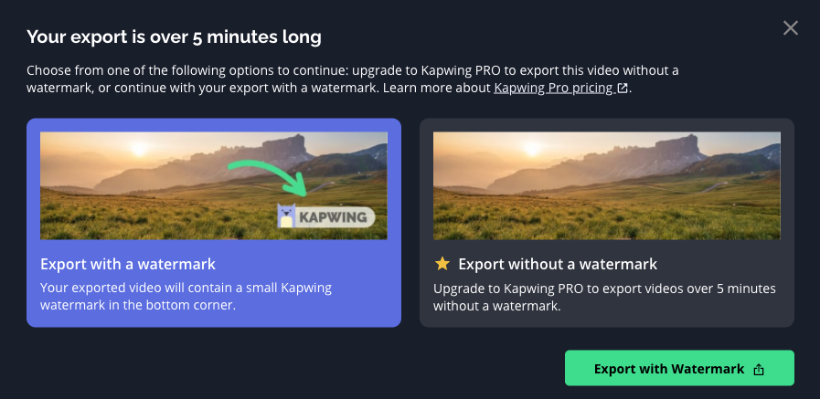 Pop up window that appears when a Free user is exporting a video over 5 minutes. It lists that videos over 5 minutes will export with a watermark on the Free plan and without a watermark on the Pro plan.