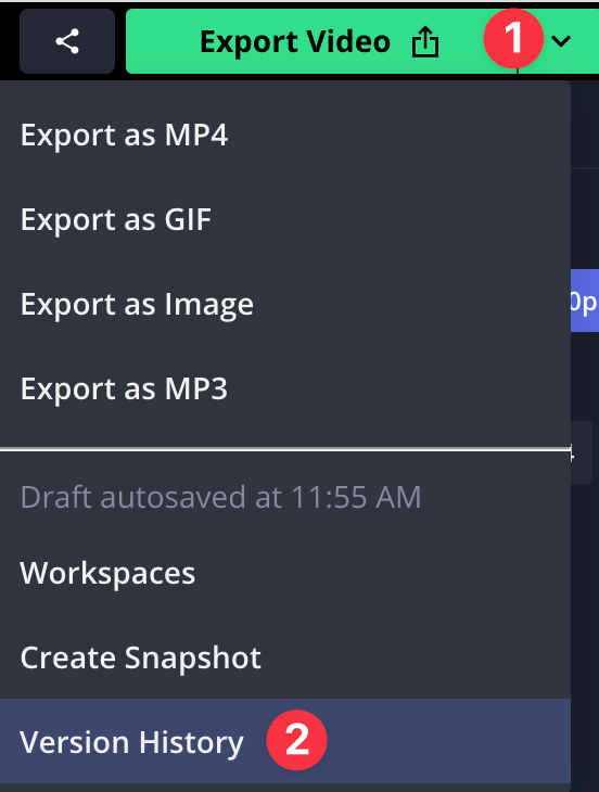 Export video arrow with "1" next to it and the Version History selection with "2" next to it to signify the steps to open the Version History window.