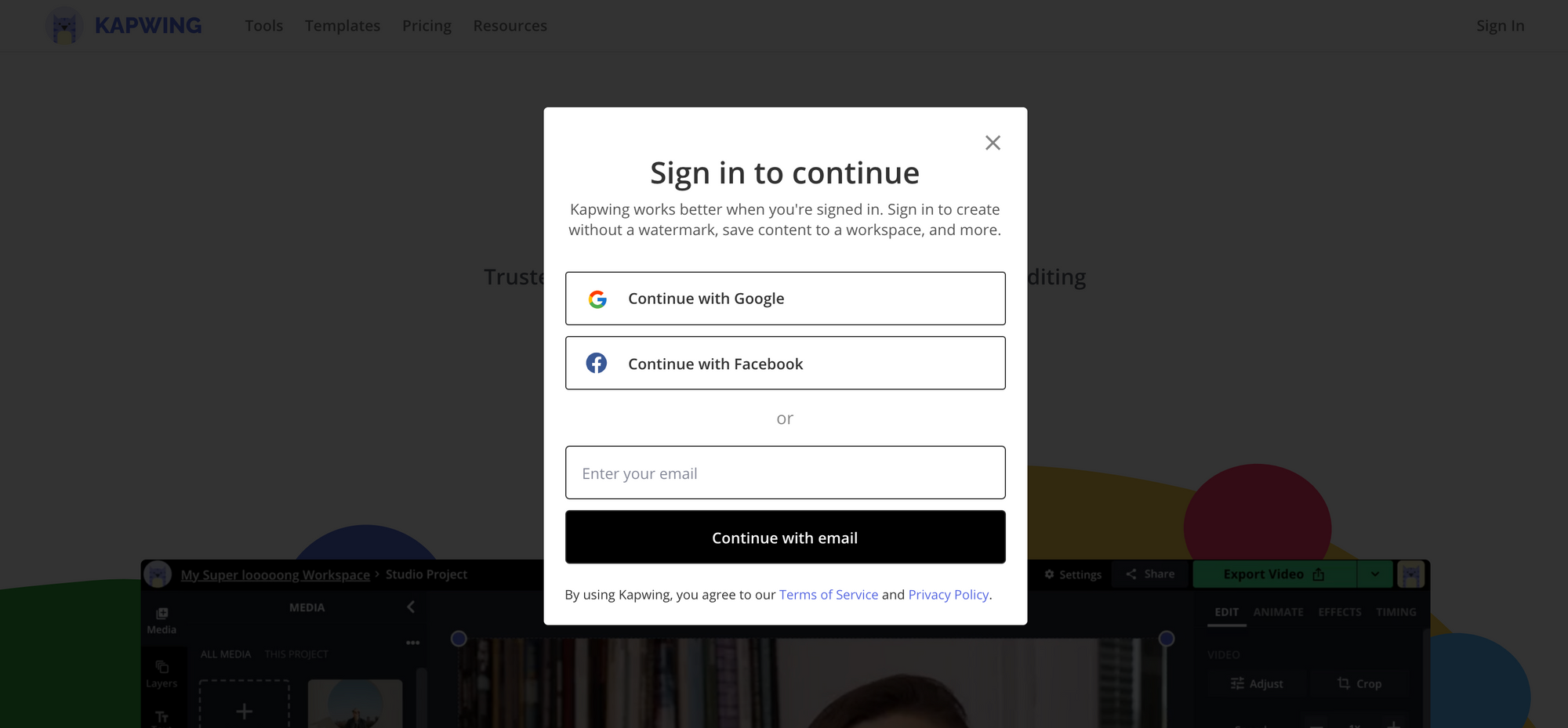 A sign in modal on the Kapwing landing page that offers users three ways to sign in, using Google, Facebook or their email address.