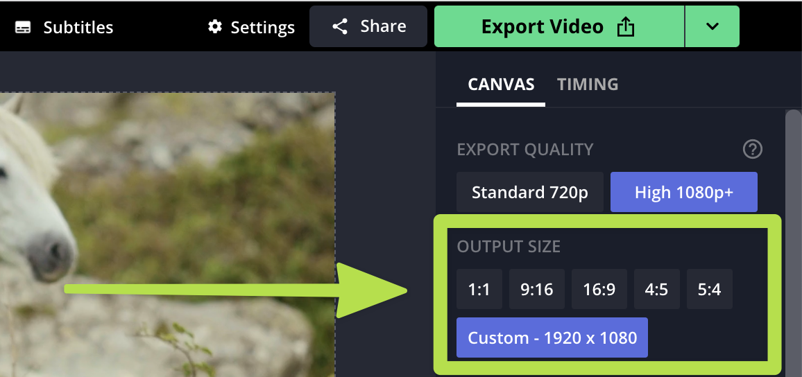 A screenshot point users to where in the Kapwing Studio they can select their chosen Output Size for their project. The buttons show common aspect ratios like 1:1, 9:16, 16:9, 4:5 and 5:4. There is also a Custom Size button.