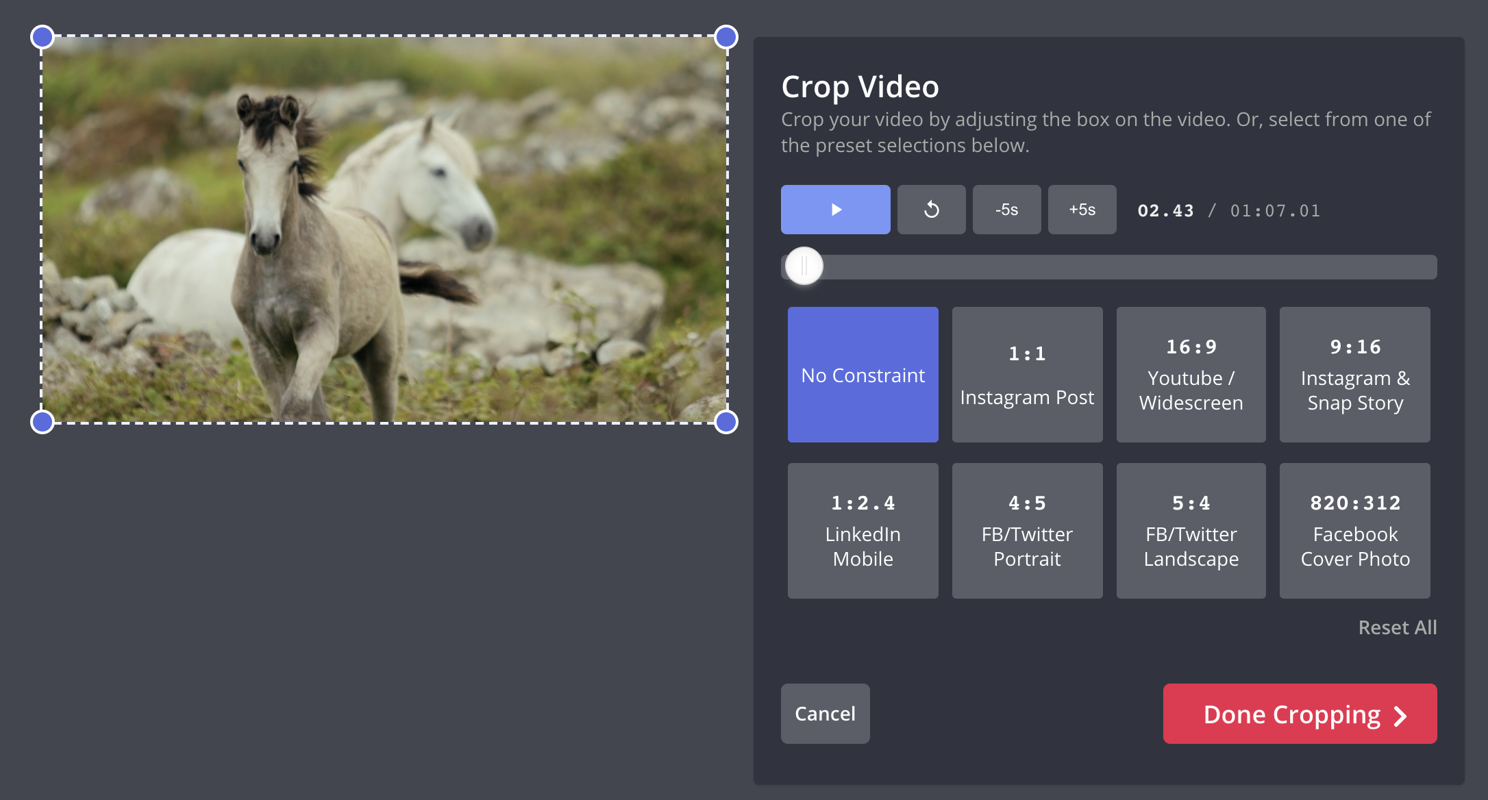 A screenshot of the Crop tool view that shows users playback controls to play and pause a video. The user can select different crops, such as Unconstrained which lets them freeform crop. The others are common presets like 1:1 for Instagram or 9:16 for Reels and TikTok. When done, the user can click the red "Done Cropping" button to save the changes.