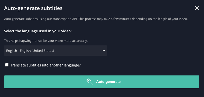 A screenshot of the auto-generate subtitles window with "English (United States)" selected.