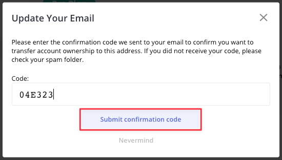 Screenshot of email confirmation code entry page to confirm change