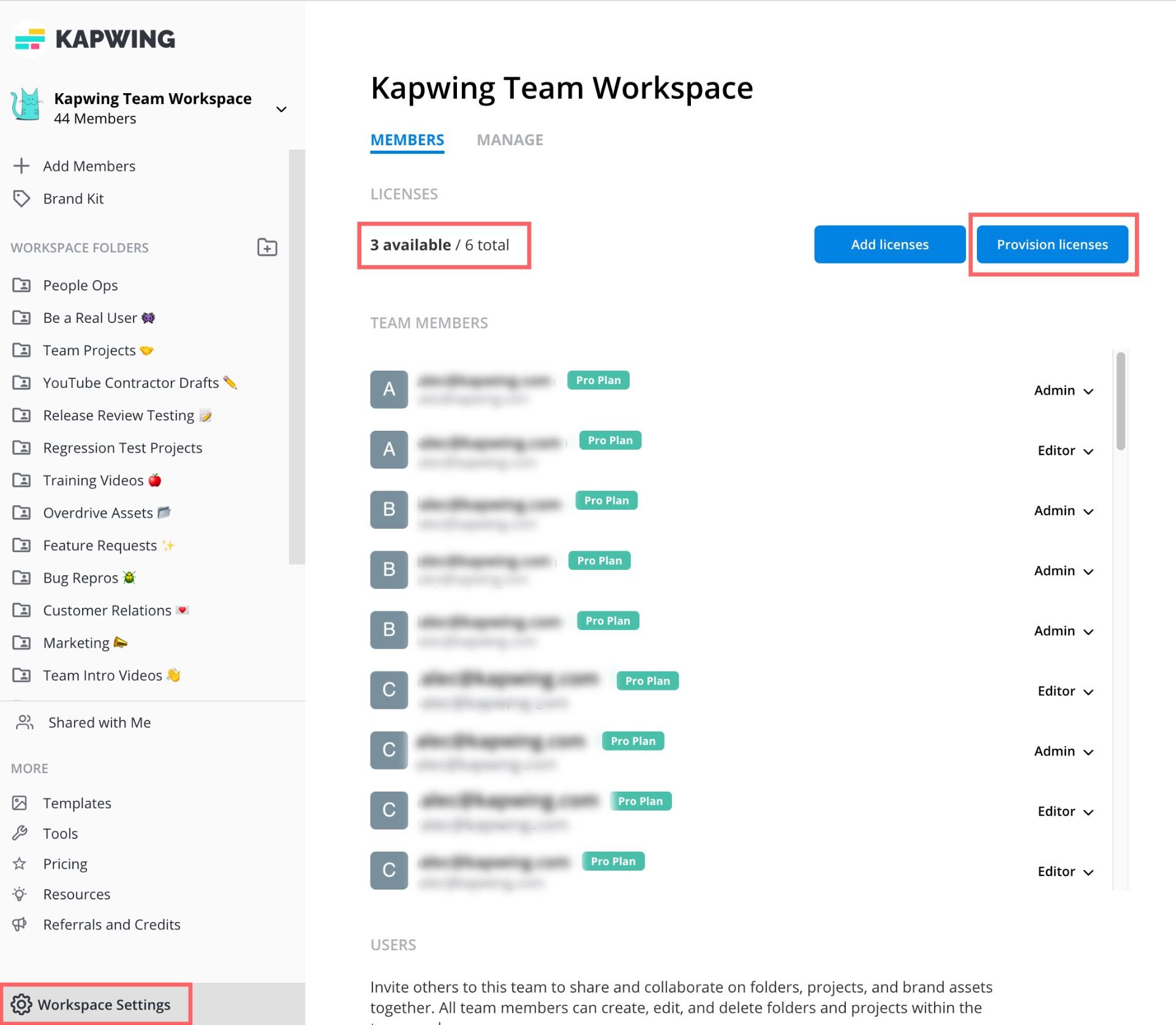 The Team page shows the currently available licenses, how many total team licenses and a purple button that says "Provision licenses" to apply an available license to a Team member