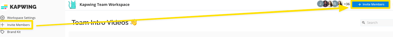 a screenshot of the workspace with the "invite members" options outlined in yellow, with an arrow from the button on the left side of the screen to the top right corner of the screen