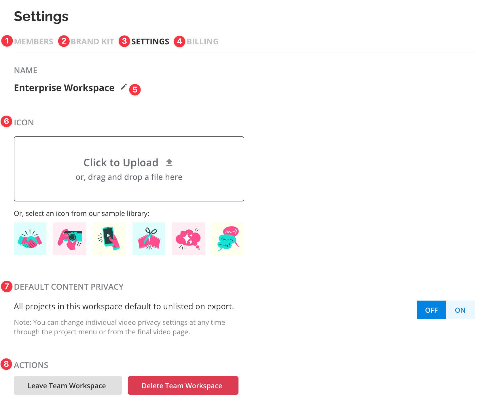 Screenshot of Kapwing "settings" of a workspace with numbers related to explinations provided in paragraph above. 