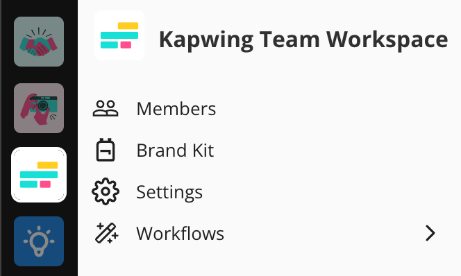 four icons on the left side of the Kapwing workspace to show how to switch between different workspaces