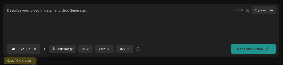 Screenshot of AI generation section of Kapwing with credit cost of AI section highlighted