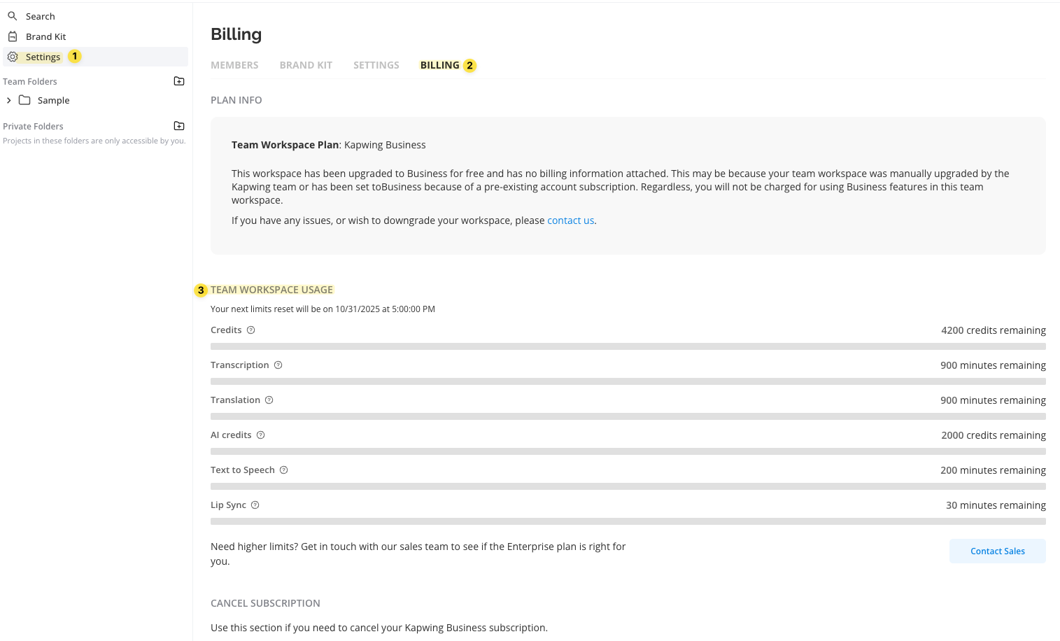 Settings > Billing > Workspace Usage screenshot