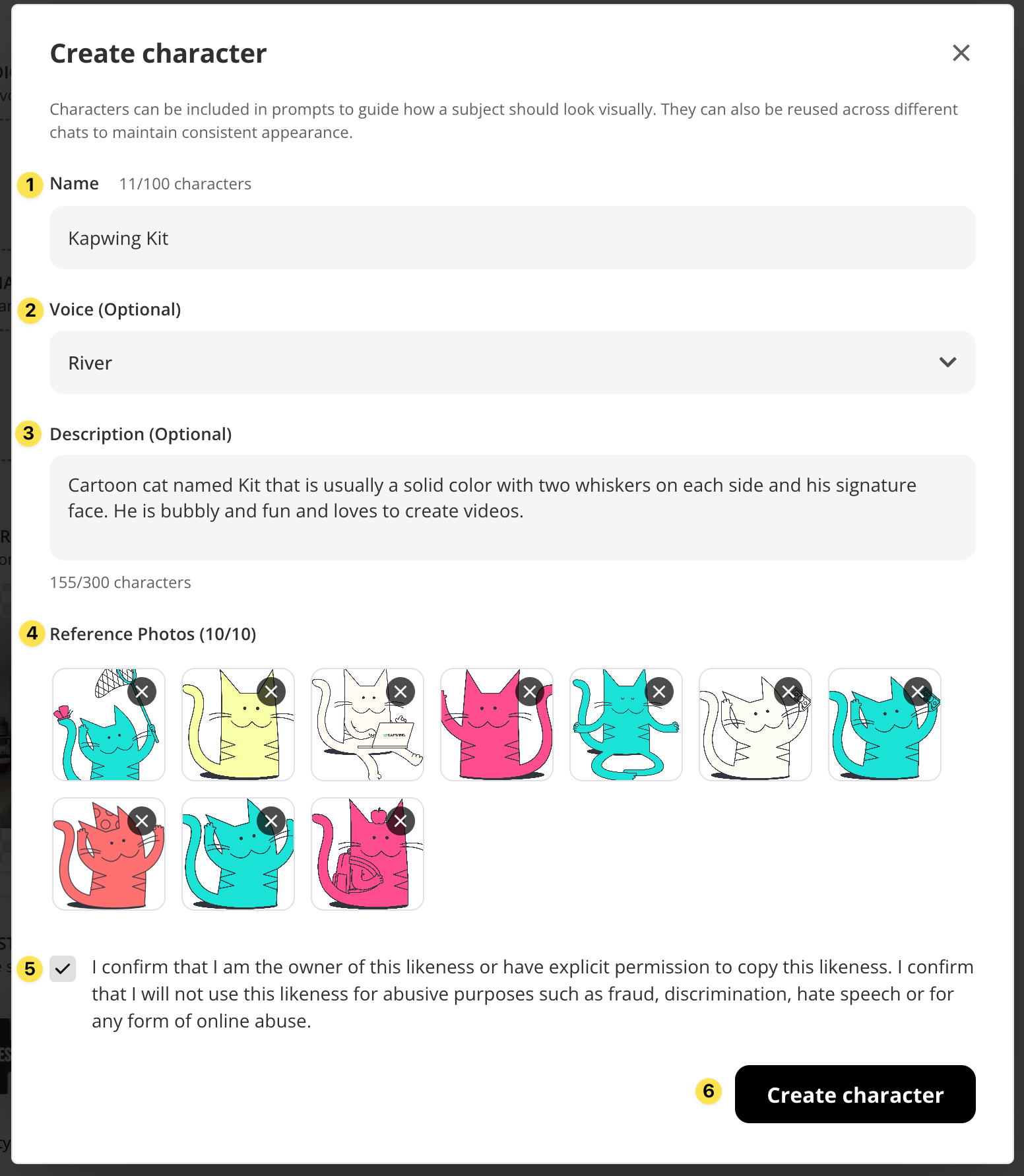 screenshot of the create character form