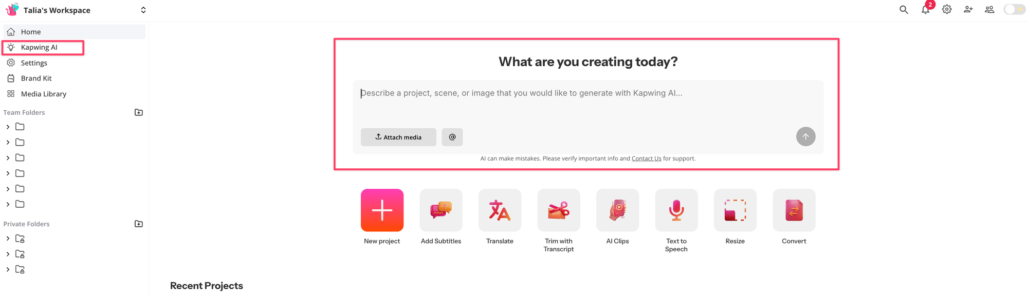 Screenshot of where you can access Kapwing AI (Kai) from the Homepage