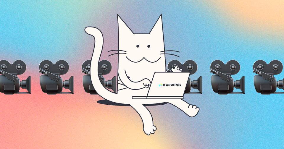 Drawing of a Cat holding laptop with video camera emoji in the background on a color gradient background.