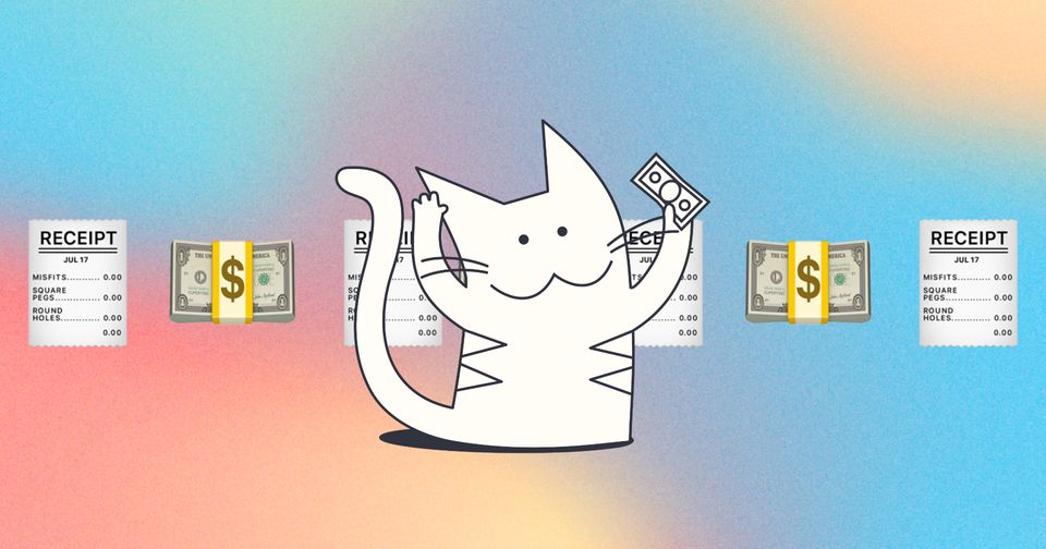 Drawing of a Cat holding money with receipt and money emojis in the background on a color gradient background.