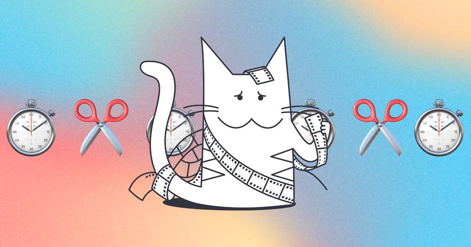 Drawing of a Cat wrapped in film strips with stop watch and scissor emojis in the background on a color gradient background.