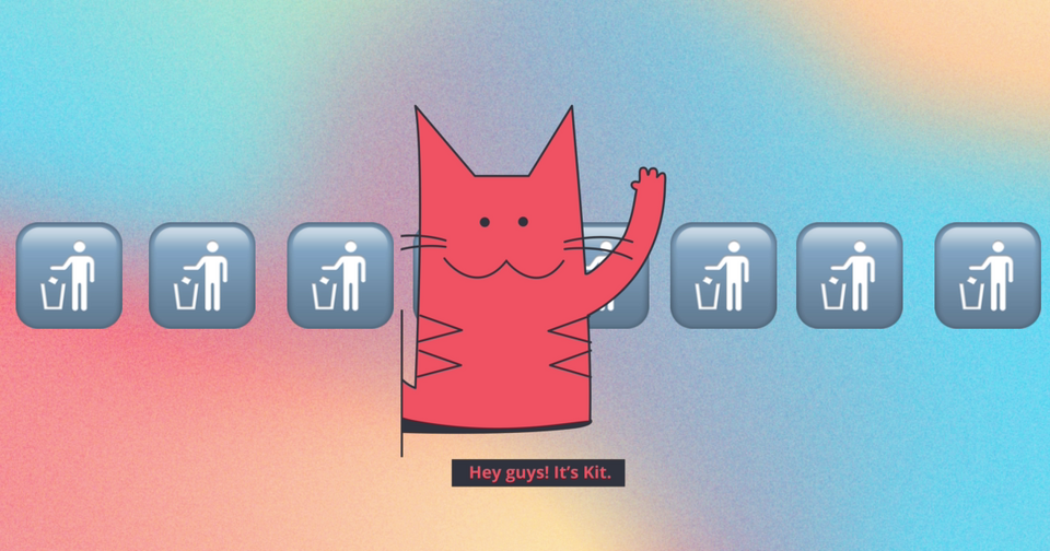 Drawing of a Cat waving with trash into a waste basket emoji in the background on a color gradient background.