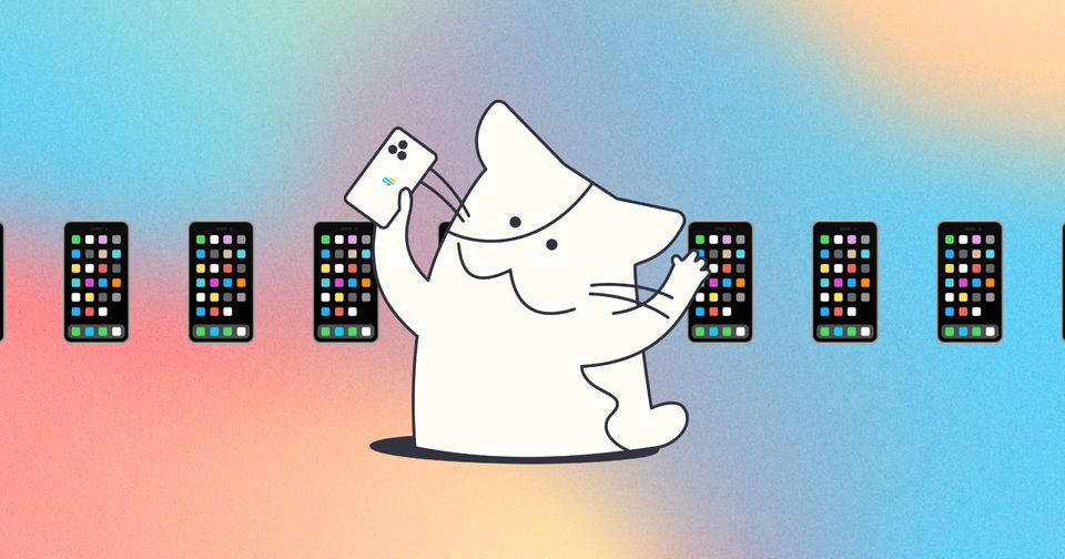Image with rainbow gradient background with Bob holding a phone in his paw