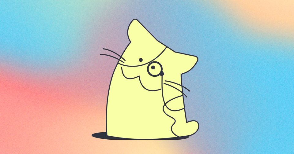Drawing of a Cat thinking with a monocle on a color gradient background.
