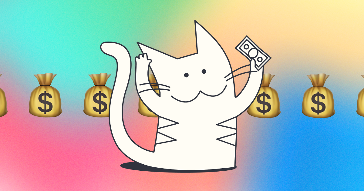 Drawing of a Cat holding money with a bag of money emoji in the background on a color gradient background.