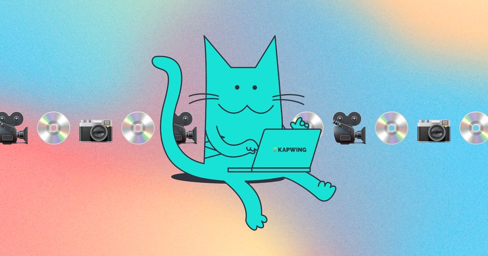 Drawing of a Cat on a laptop with optical disk camera emojis in the background on a color gradient background.