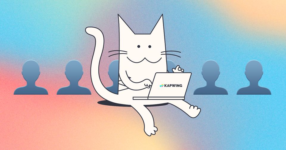 Drawing of a Cat on a laptop with a person emoji in the background on a color gradient background.