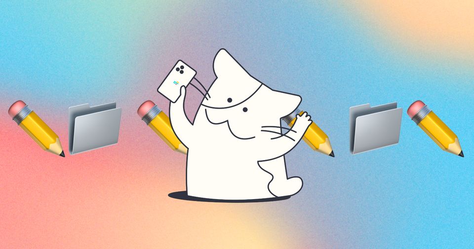 Drawing of a Cat holding phone with pencil and folder emojis in the background on a color gradient background.