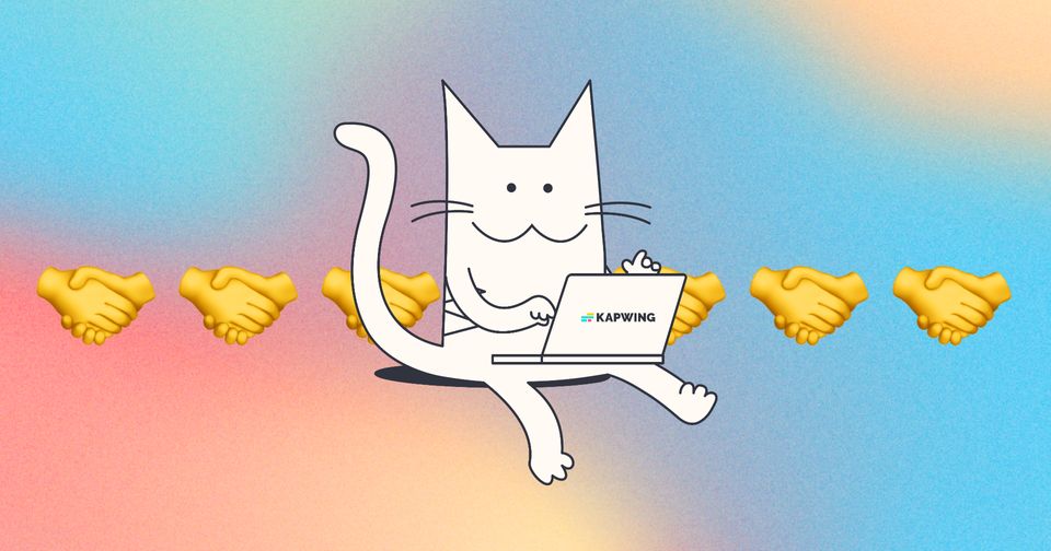 Drawing of a Cat working on laptop with hand shake emoji in the background on a color gradient background.