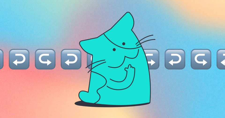 Drawing of a Cat thinking with curved arrow emojis in the background on a color gradient background.