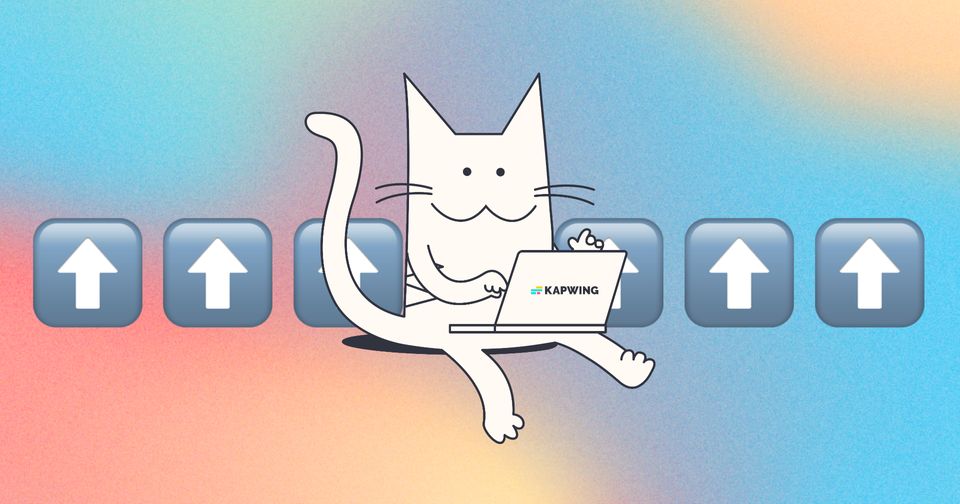 Drawing of a Cat on a laptop with an upwards arrow emoji in the background on a color gradient background.