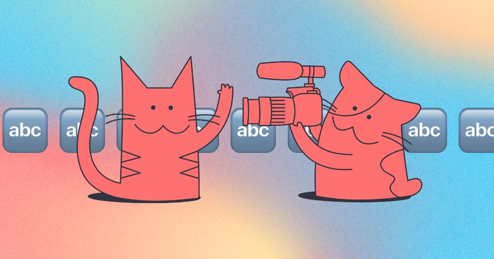 Drawing of a Cats filming each other with ABC emoji in the background on a color gradient background.