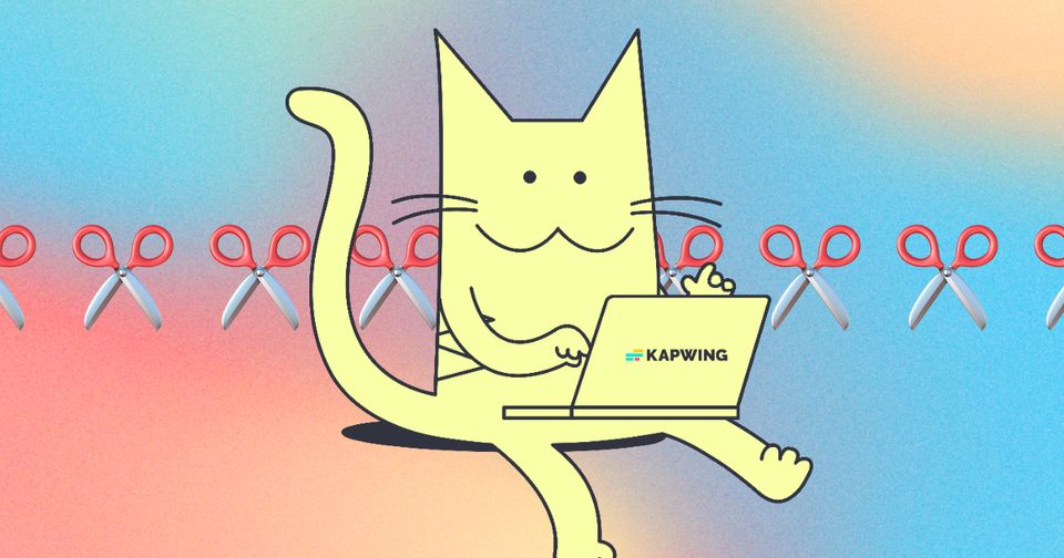 Drawing of a Cat an a laptop with scissors emoji in the background on a color gradient background.