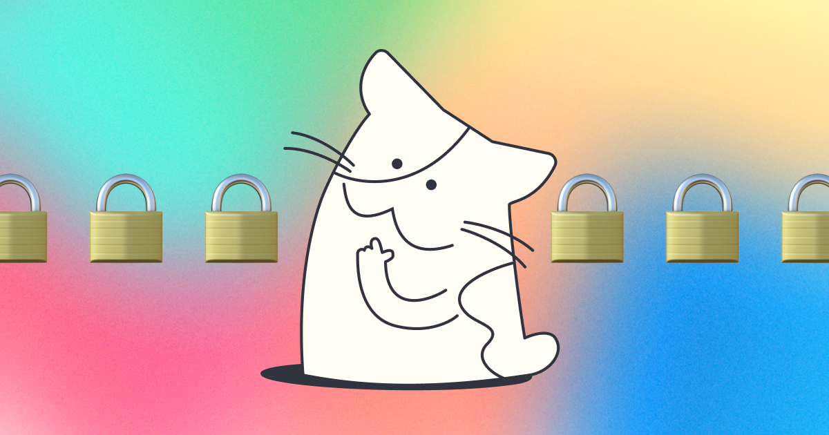Drawing of a Cat thinking with padlock emoji in the background on a color gradient background.