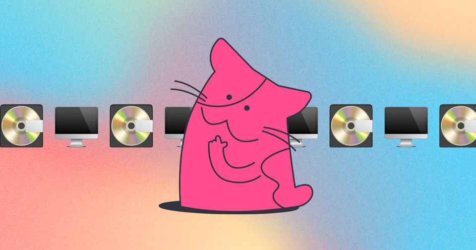 Drawing of a Cat thinking with optical disk  and computer emojis in the background on a color gradient background.