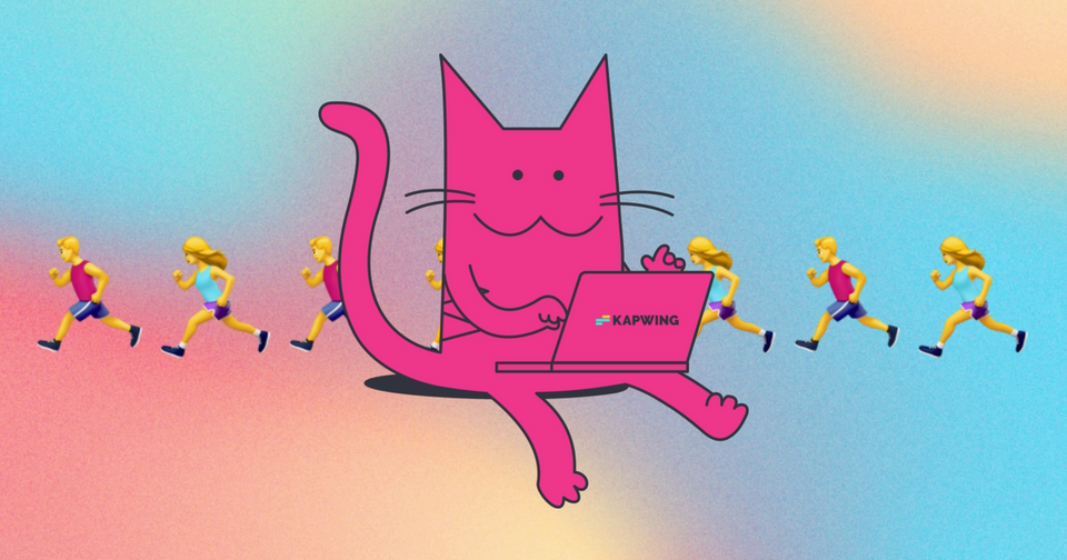 Drawing of a cat on a computer with running emoji on a gradient background.