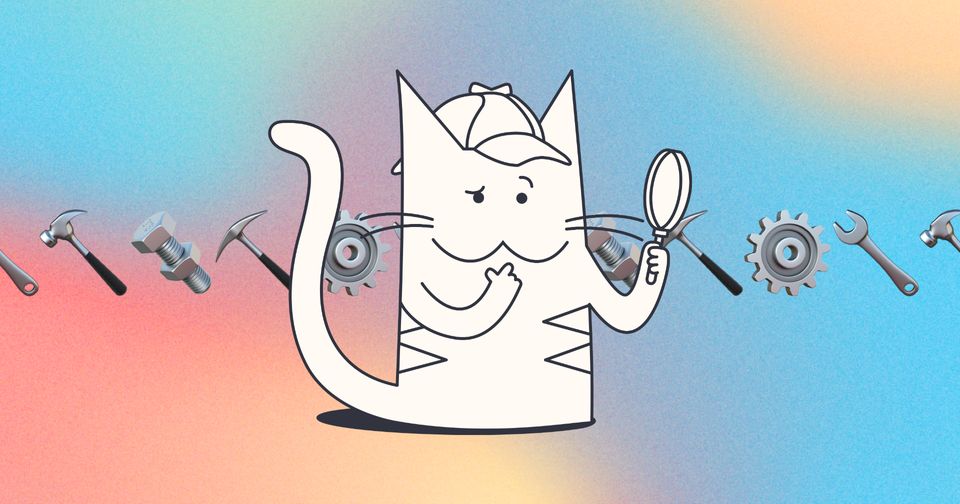 Drawing of a Cat holding a magnifying glass with various tool emojis in the background on a color gradient background.