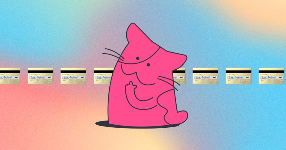 Drawing of a Cat thinking with credit card emojis in the background on a color gradient background.