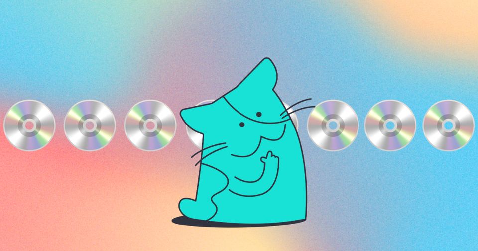 Drawing of a Cat thinking with optical disk emoji in the background on a color gradient background.