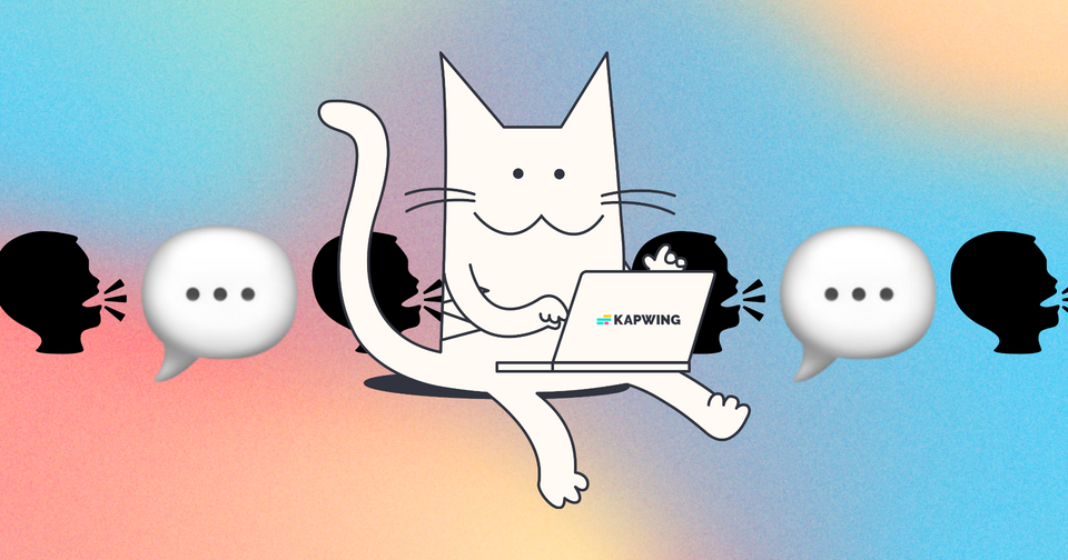 Drawing of a Cat on a laptop with speaking silhouette and speech bubble emoji on a color gradient background.