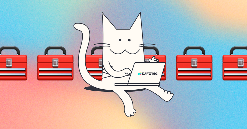 Drawing of a Cat with a computer with tool box emojis on a color gradient background.